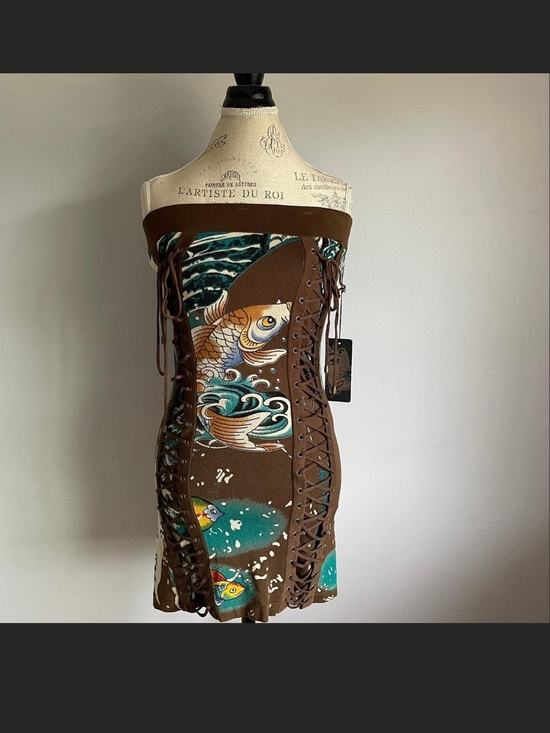 Ed Hardy Dresses & Skirts - ED HARDY Strapless Brown Koi Print Lace-Up Mini Dress. M